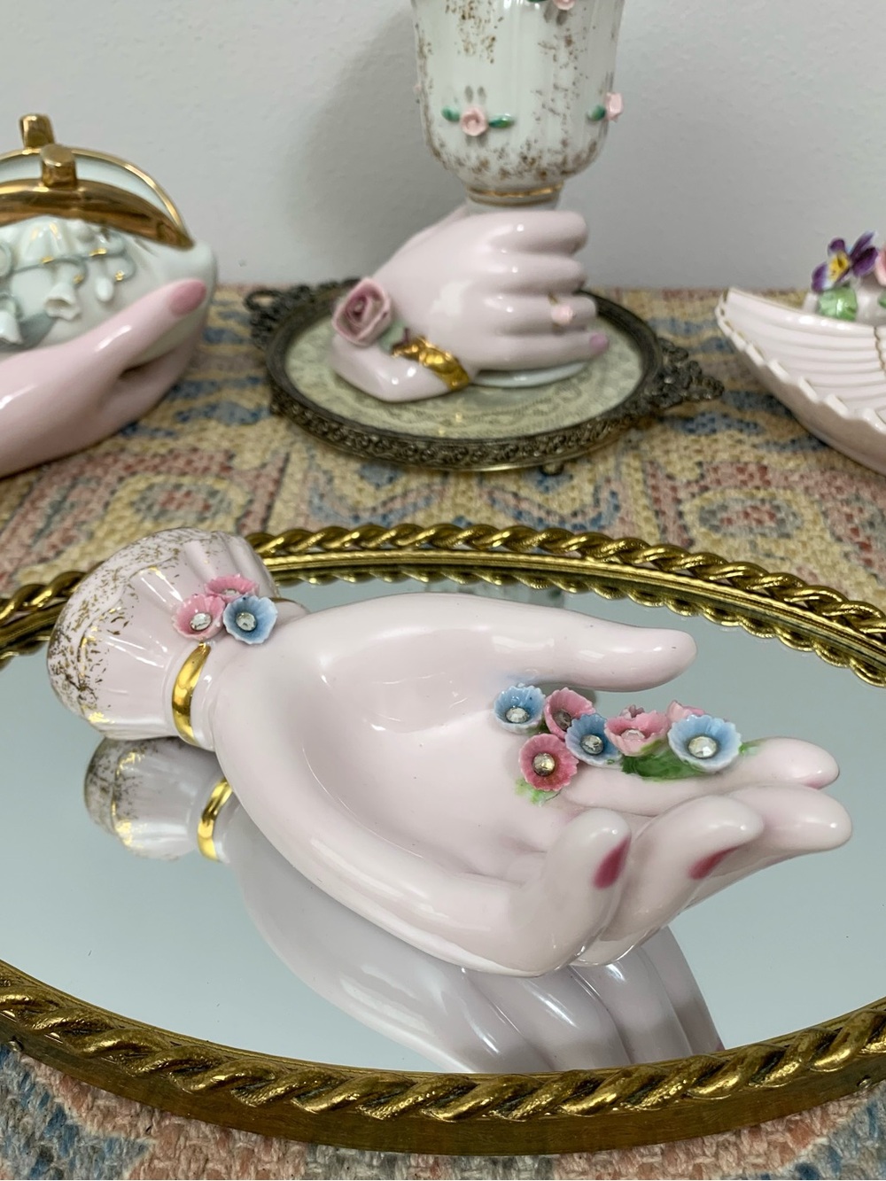 #03 Vintage Lefton China Jewels Porcelain Hand Display Flowers Trinket Dish Tray